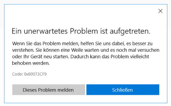 Windows Store Fehlermeldung